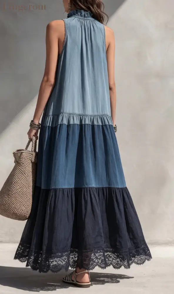 Color Block Tiered Chambray Lace Hem Maxi Dress