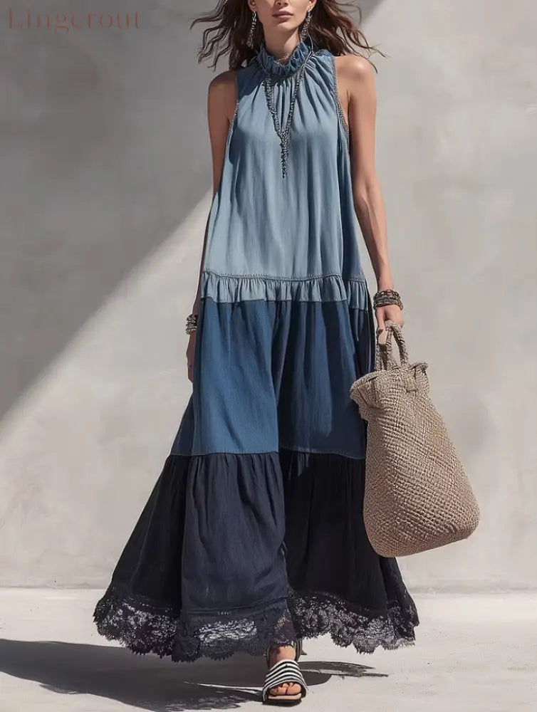 Color Block Tiered Chambray Lace Hem Maxi Dress - Color matching / S