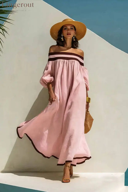Color Contrast Off-Shoulder Loose-Fitting Dress - Pink / S