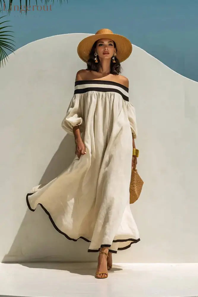 Color Contrast Off-Shoulder Loose-Fitting Dress - Off White / S