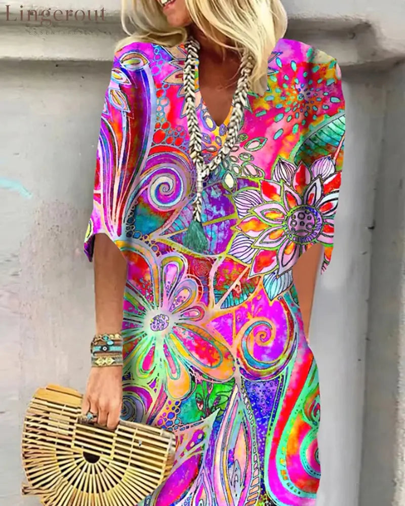 Colorful Floral Print Dress - Multicolor / S