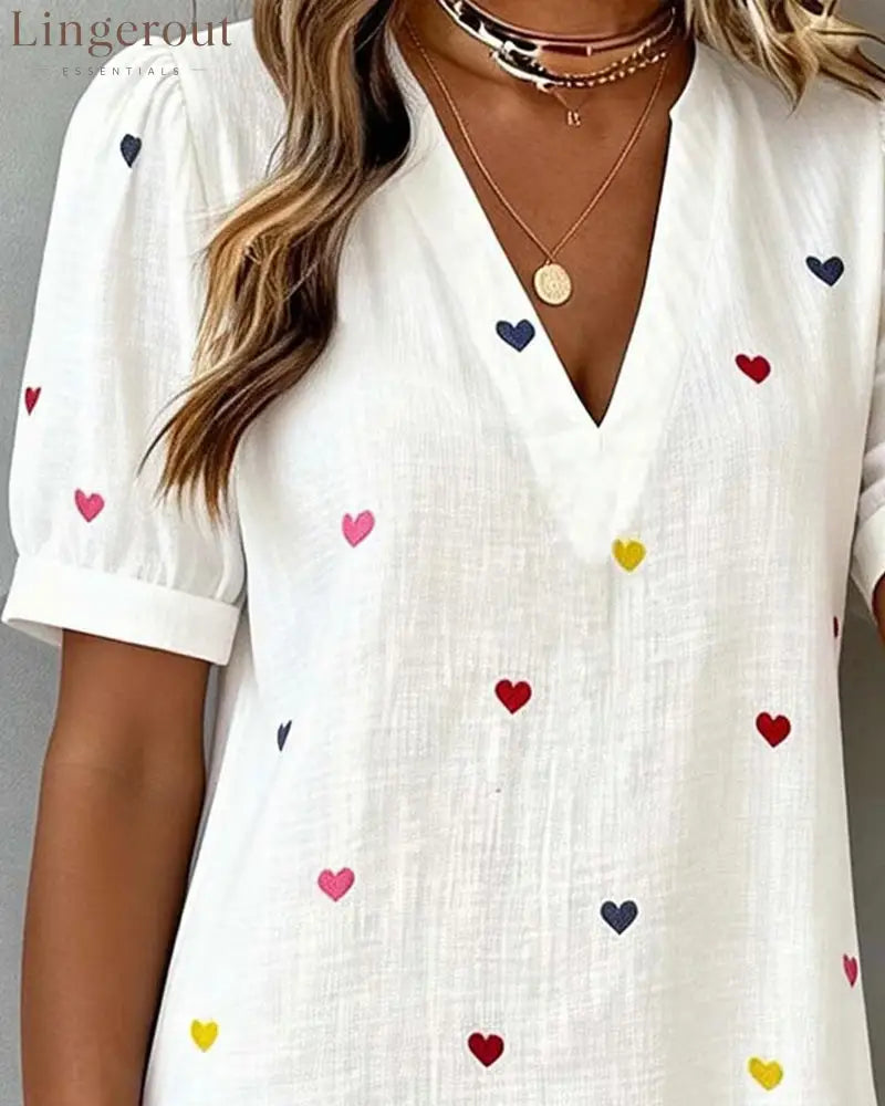 Colorful Heart Print V-Neck Dress