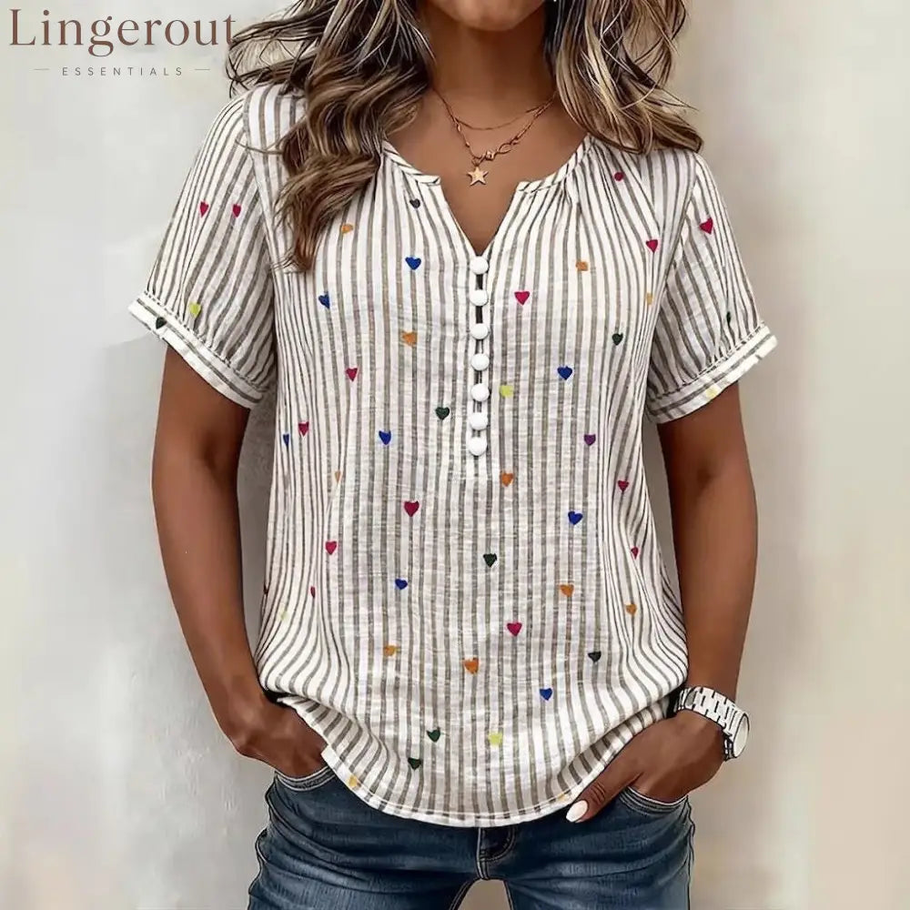 Colorful Heart Striped Henley Blouse