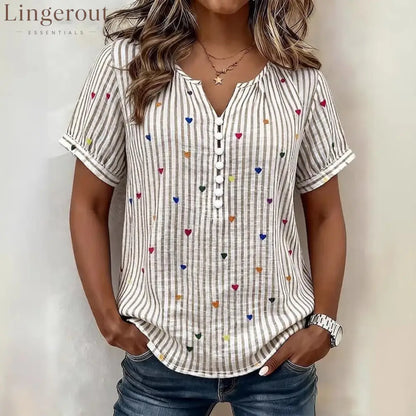 Colorful Heart Striped Henley Blouse