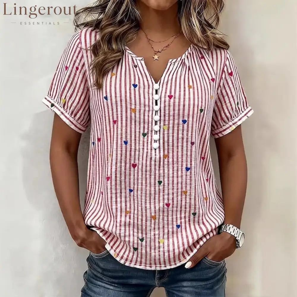 Colorful Heart Striped Henley Blouse