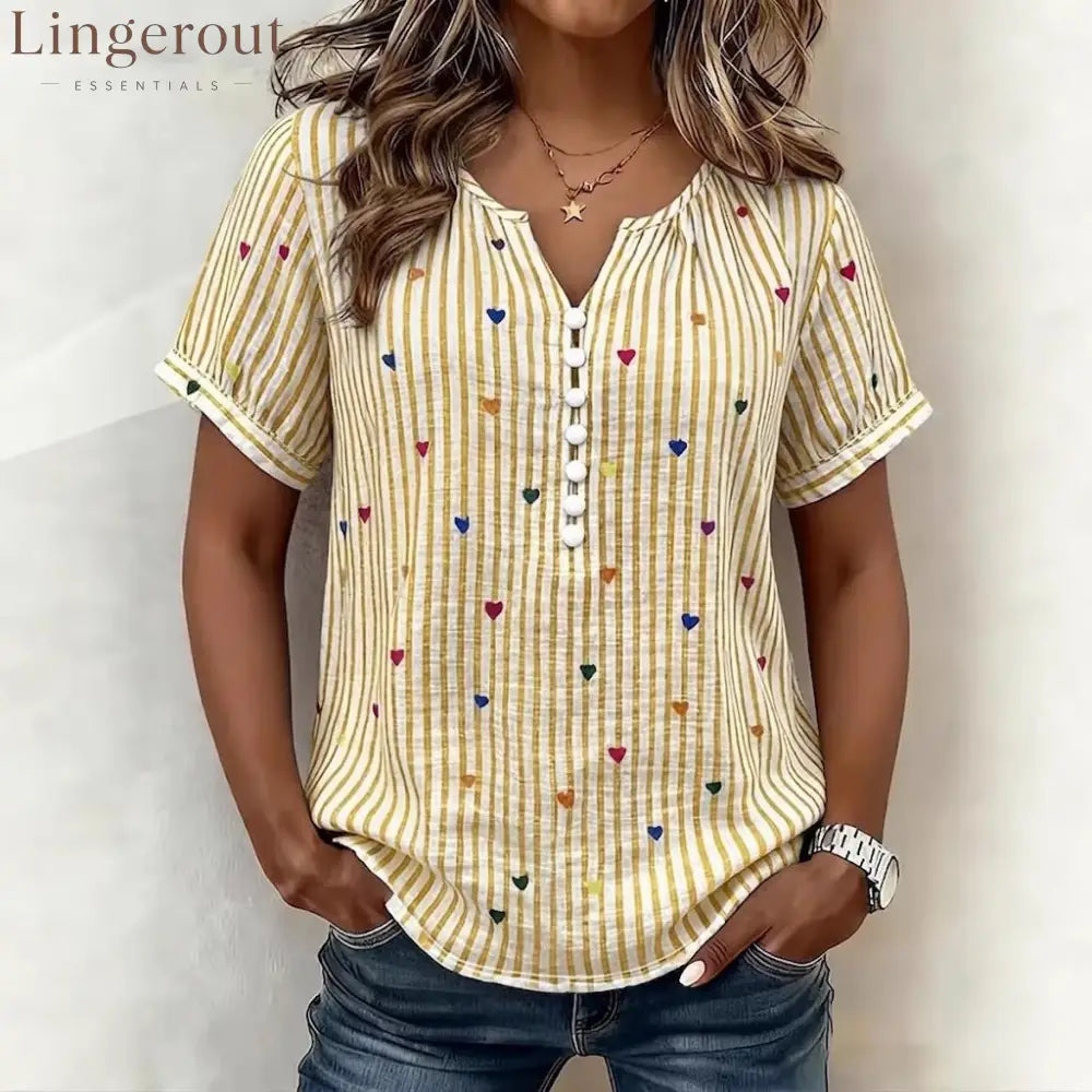 Colorful Heart Striped Henley Blouse