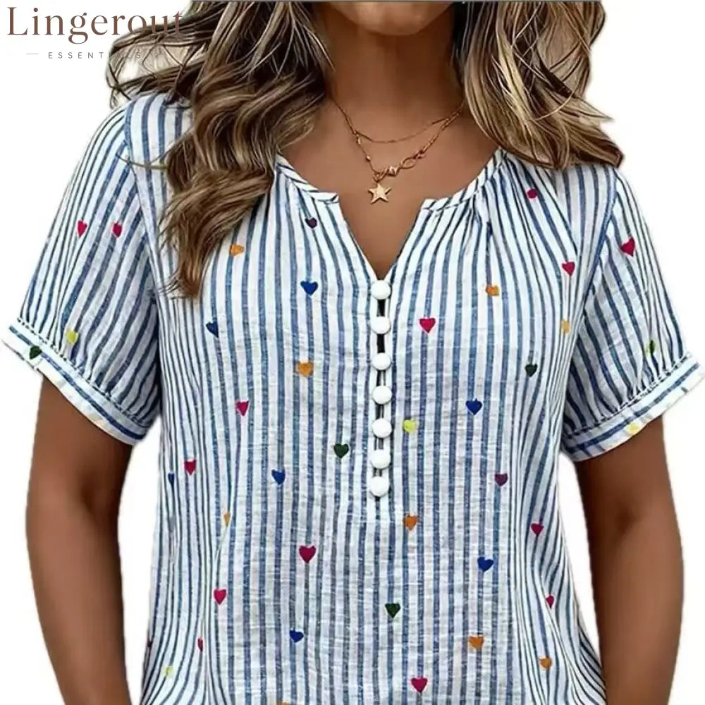 Colorful Heart Striped Henley Blouse