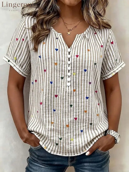Colorful Heart Striped Henley Blouse - Apricot / S