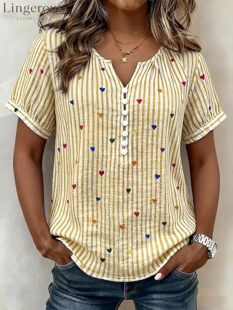 Colorful Heart Striped Henley Blouse - Yellow / S