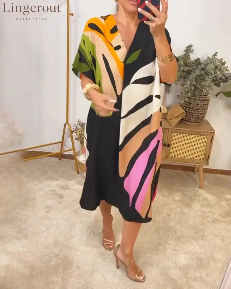 Colorful leaf print casual dress