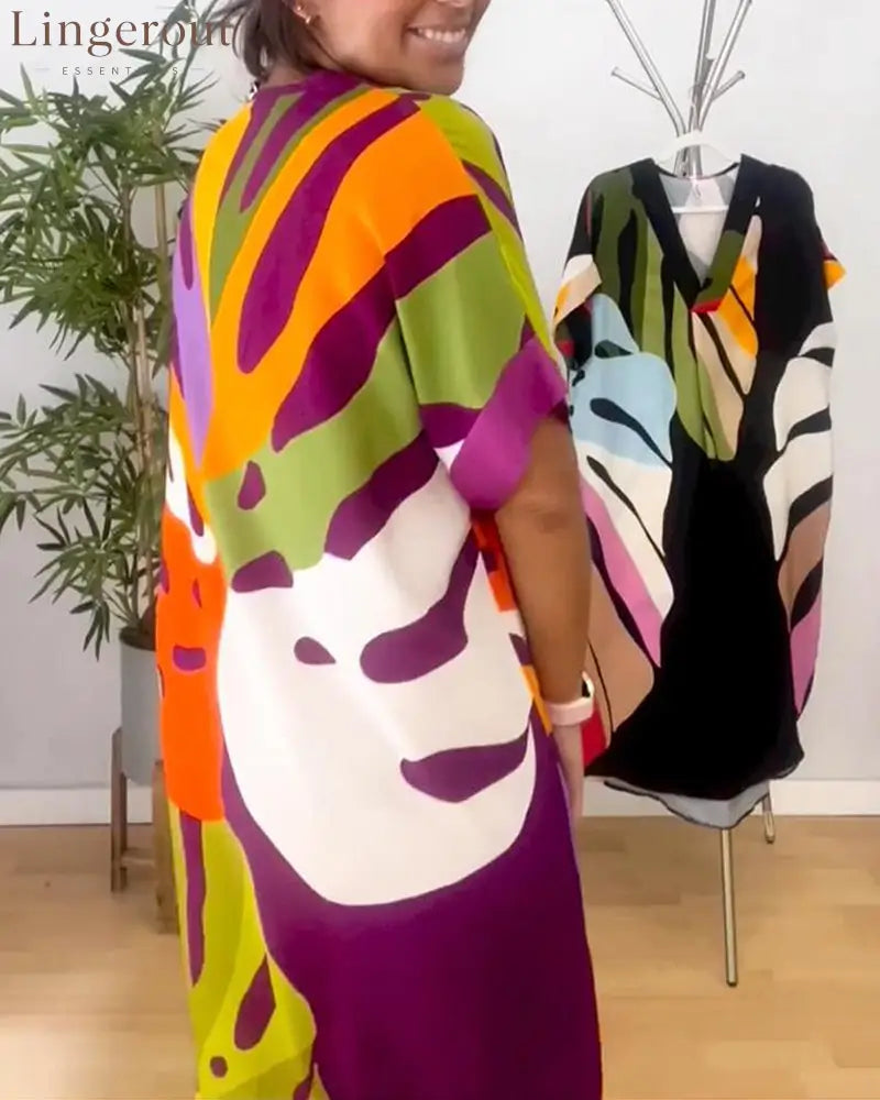 Colorful leaf print casual dress