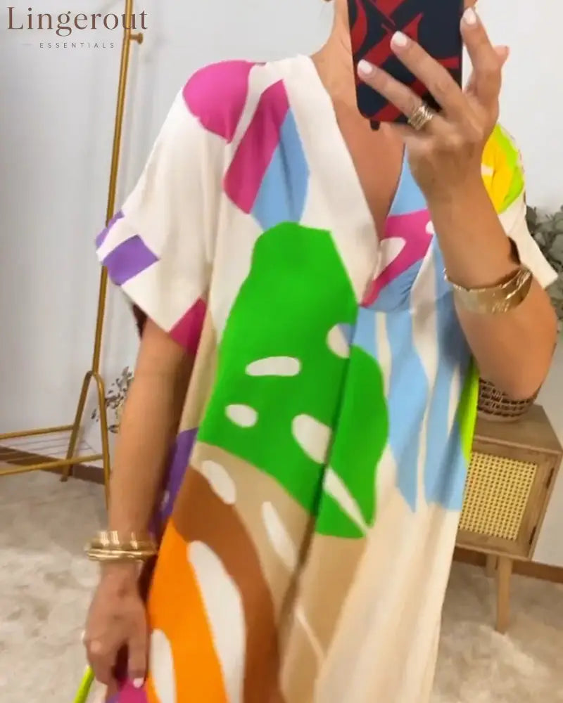 Colorful leaf print casual dress