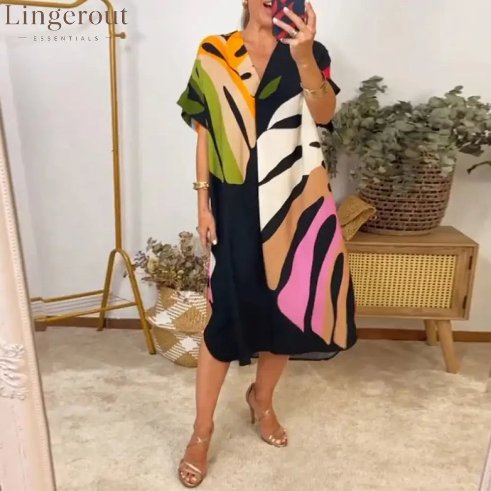 Colorful leaf print casual dress