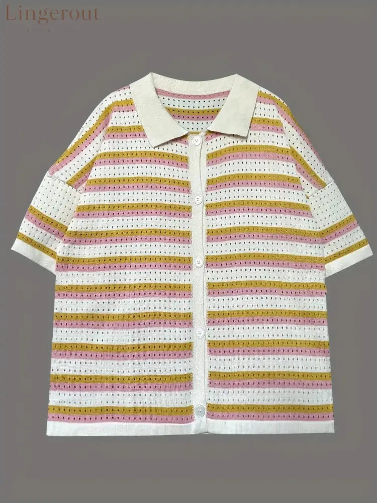 Colorful Striped Button Up Top and Shorts Sweater Set