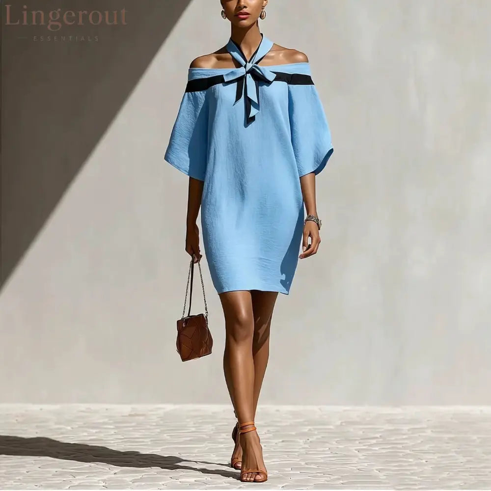 Contrast Halter Tie Off Shoulder Loose Mini Tunic Dress