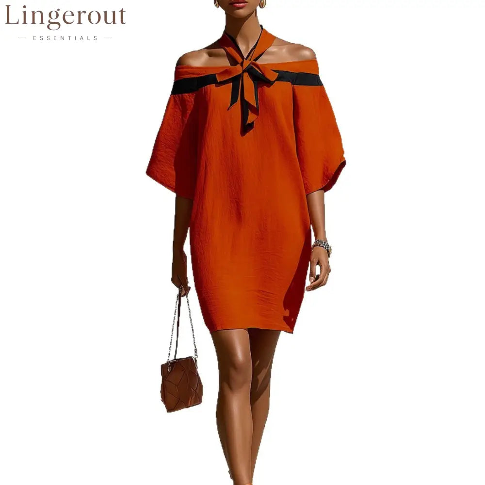 Contrast Halter Tie Off Shoulder Loose Mini Tunic Dress