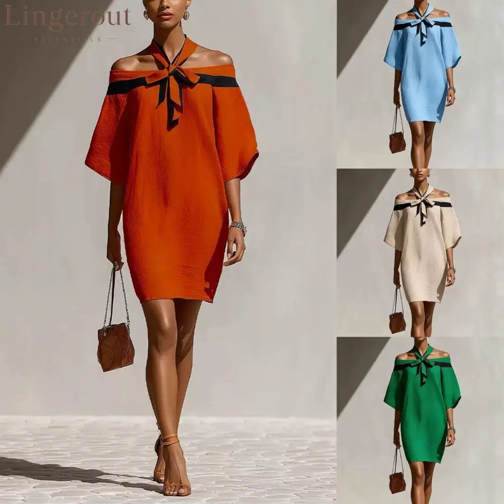 Contrast Halter Tie Off Shoulder Loose Mini Tunic Dress