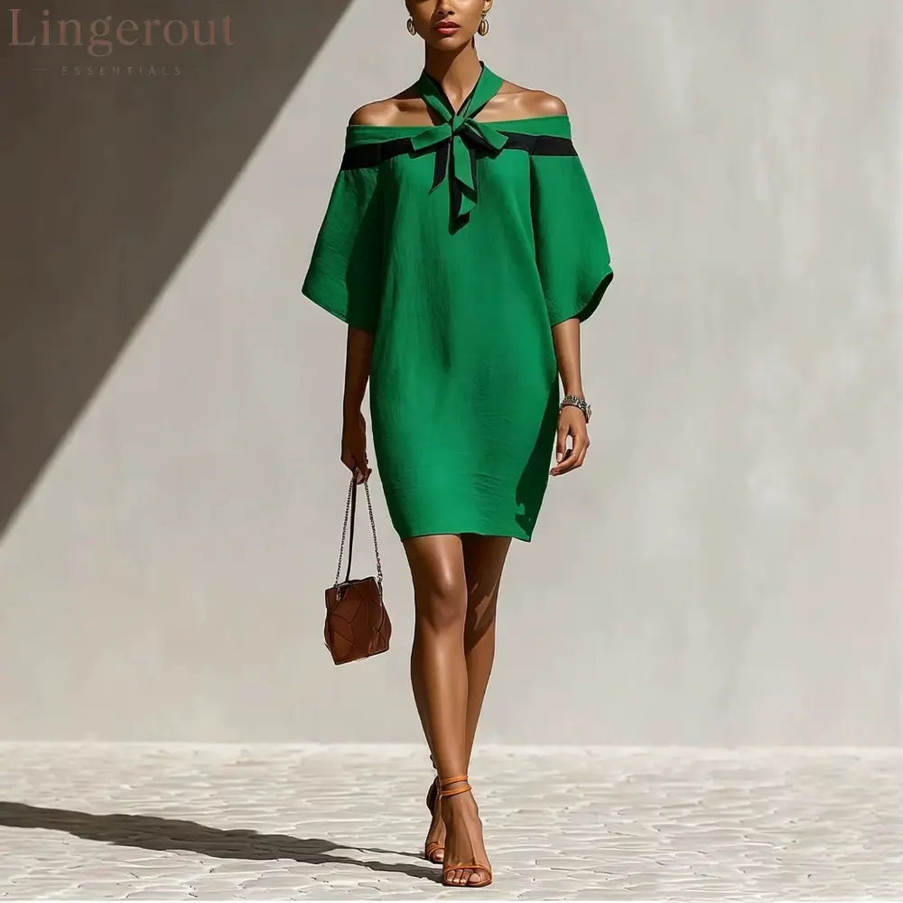 Contrast Halter Tie Off Shoulder Loose Mini Tunic Dress