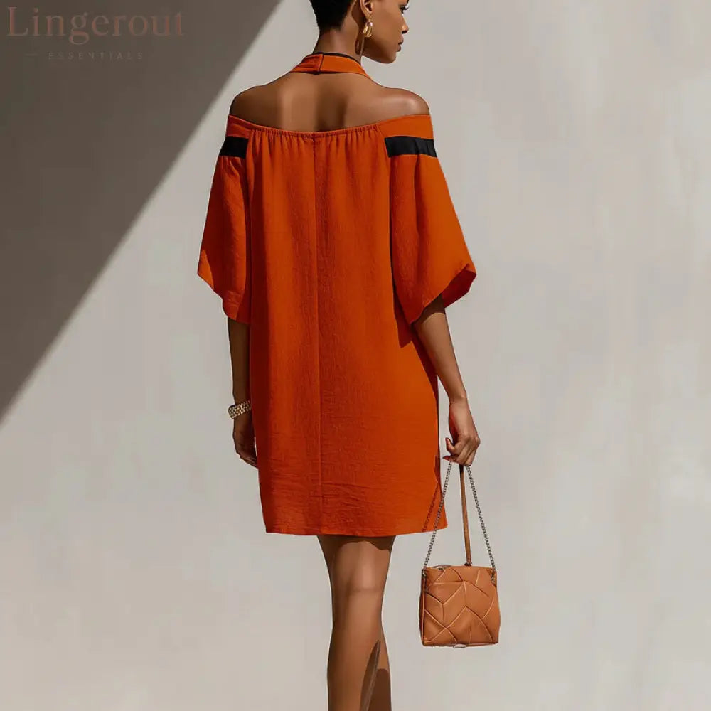 Contrast Halter Tie Off Shoulder Loose Mini Tunic Dress