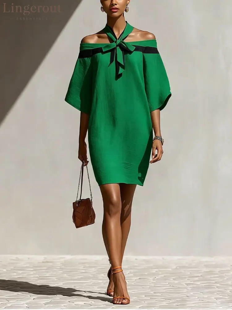 Contrast Halter Tie Off Shoulder Loose Mini Tunic Dress - Green / S
