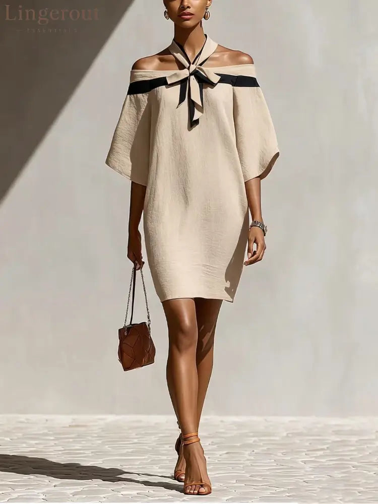 Contrast Halter Tie Off Shoulder Loose Mini Tunic Dress - Off white / S