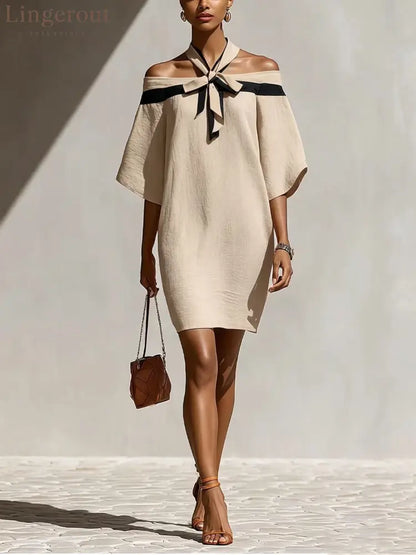 Contrast Halter Tie Off Shoulder Loose Mini Tunic Dress - Off white / S