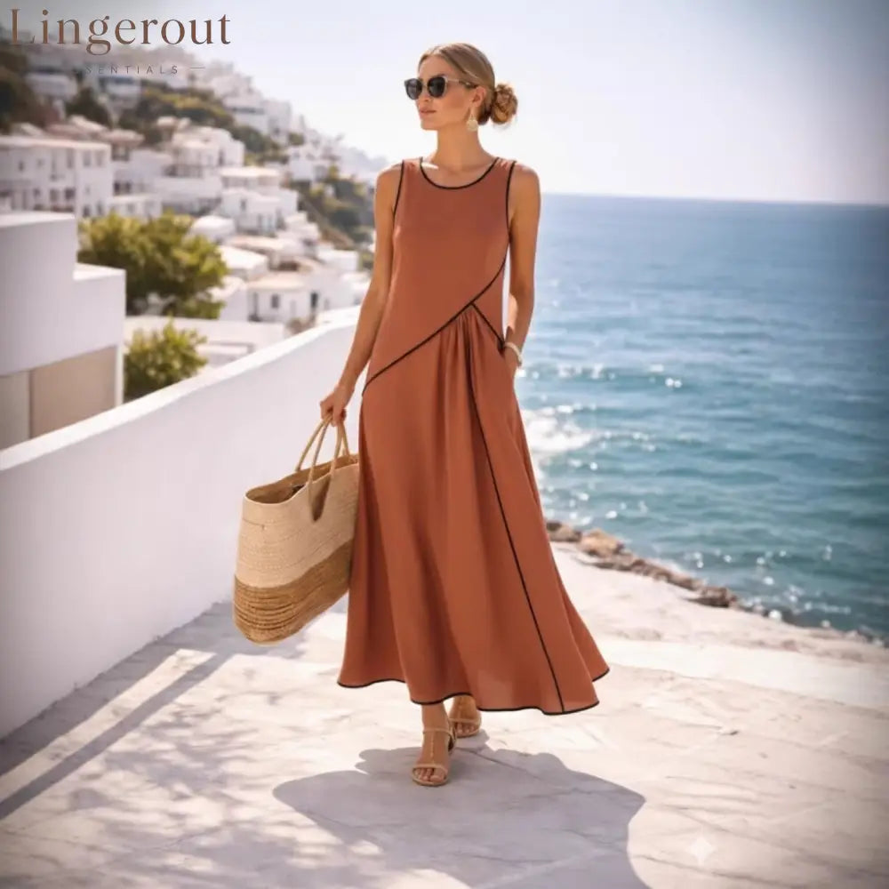 Contrast Piping Sleeveless A-Line Maxi Dress With Side Pockets