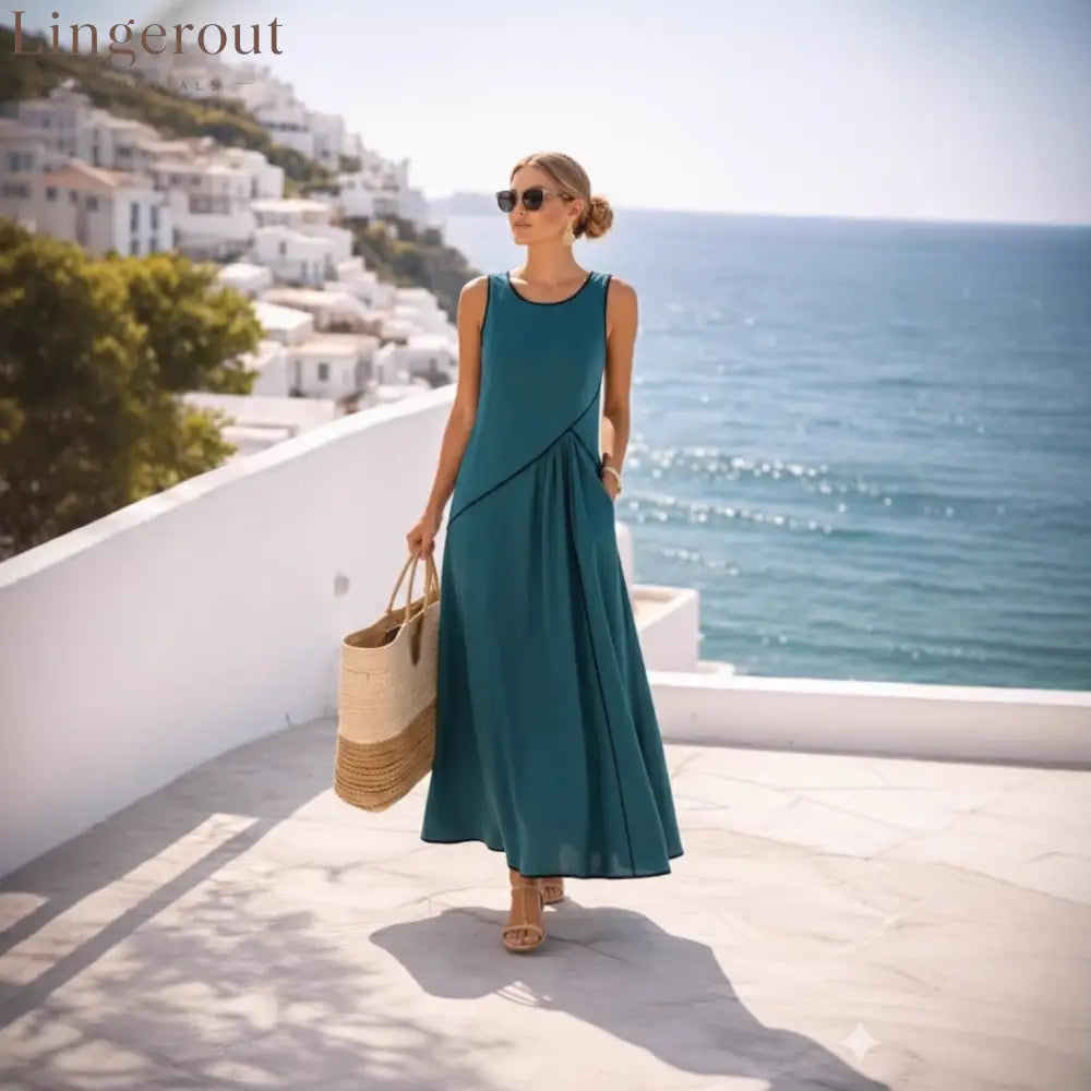 Contrast Piping Sleeveless A-Line Maxi Dress With Side Pockets
