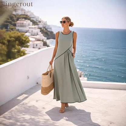 Contrast Piping Sleeveless A-Line Maxi Dress With Side Pockets