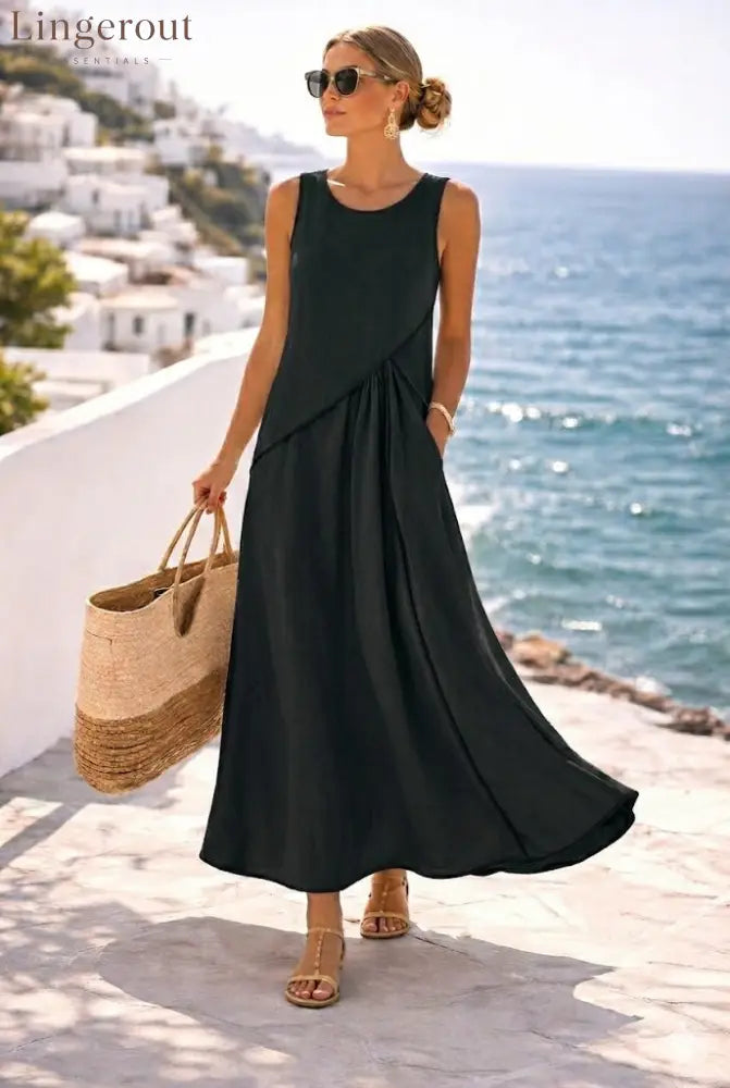 Contrast Piping Sleeveless A-Line Maxi Dress With Side Pockets - Black / S