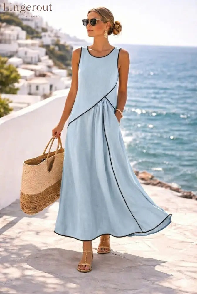 Contrast Piping Sleeveless A-Line Maxi Dress With Side Pockets - Light blue / S