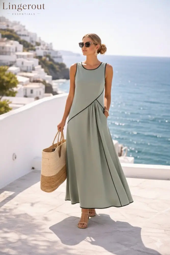 Contrast Piping Sleeveless A-Line Maxi Dress With Side Pockets - Light green / S