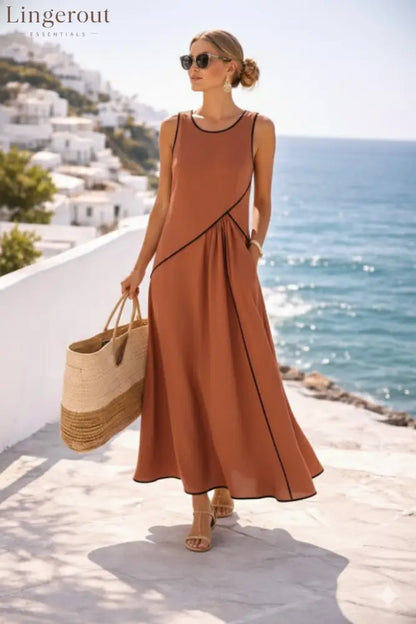 Contrast Piping Sleeveless A-Line Maxi Dress With Side Pockets - Orange red / S