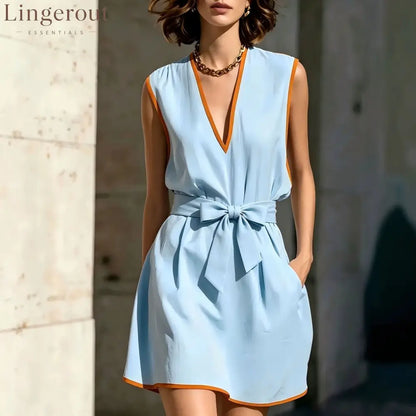 Contrast Piping V-Neck Self Tie Belt Sleeveless Mini Dress