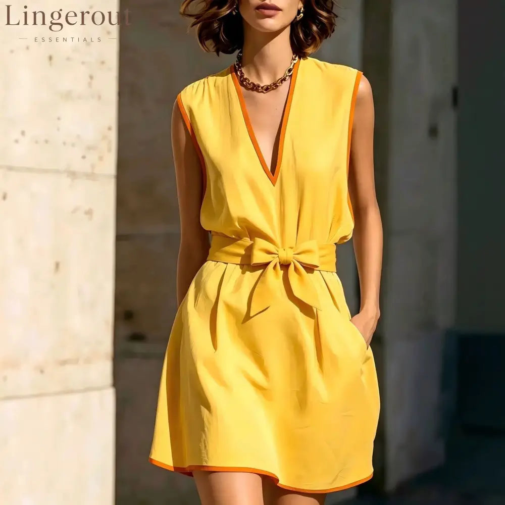 Contrast Piping V-Neck Self Tie Belt Sleeveless Mini Dress