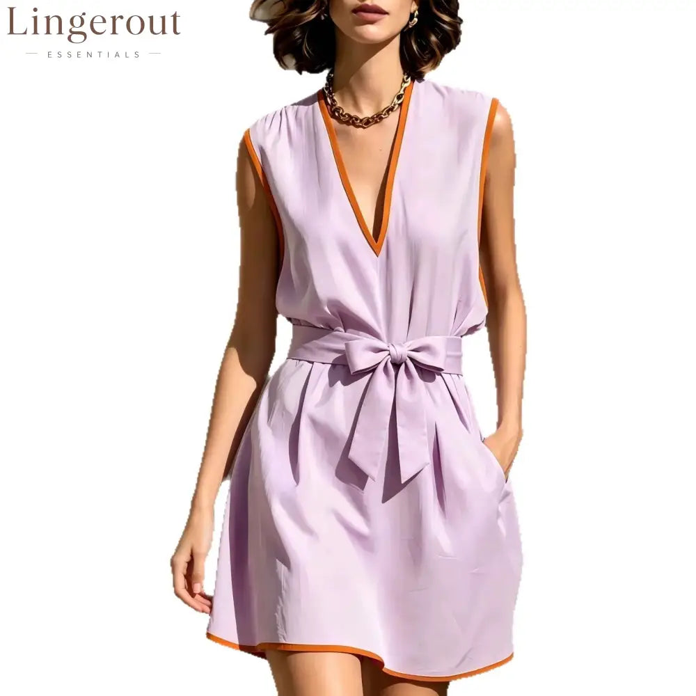 Contrast Piping V-Neck Self Tie Belt Sleeveless Mini Dress