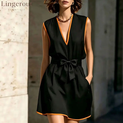 Contrast Piping V-Neck Self Tie Belt Sleeveless Mini Dress