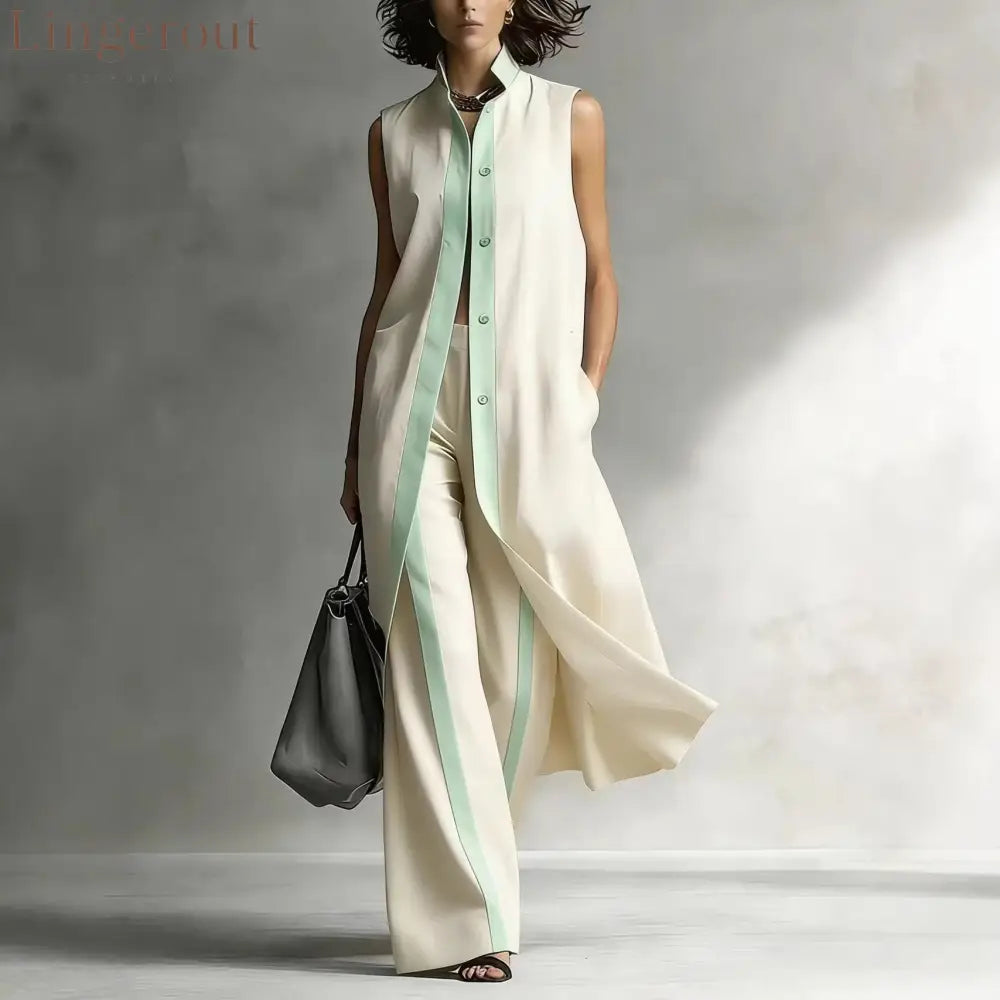 Contrast Sleeveless Tunic & Wide-Leg Pants Set Modern Sophistication Effortless Tailored Style