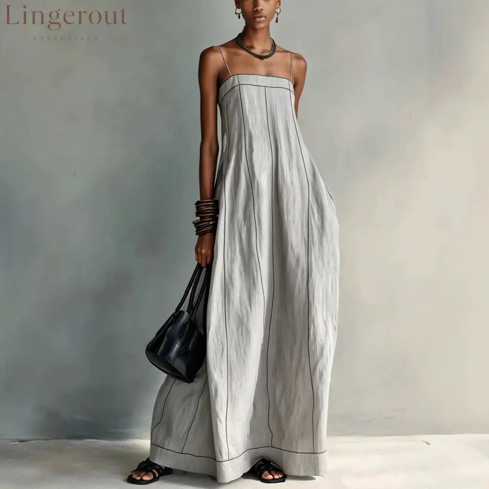 Contrast Stitch Thin Strap Straight Maxi Slip Dress