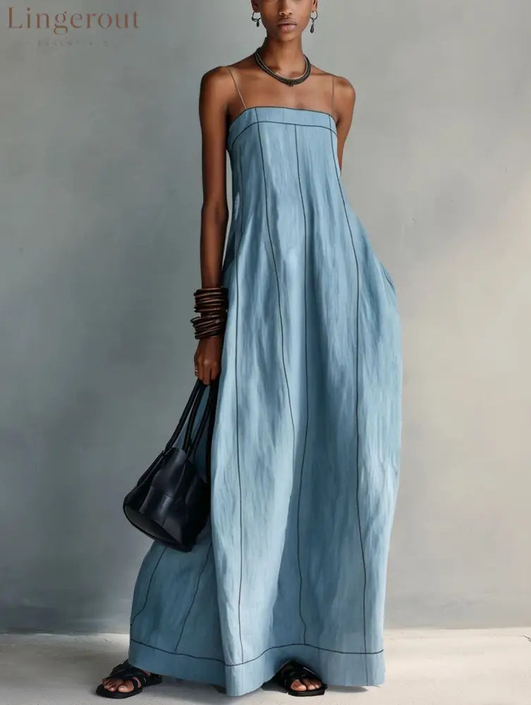 Contrast Stitch Thin Strap Straight Maxi Slip Dress - Blue / S