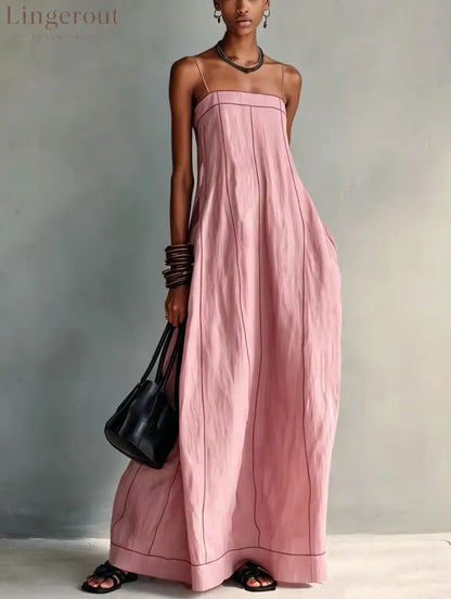 Contrast Stitch Thin Strap Straight Maxi Slip Dress - Pink / S