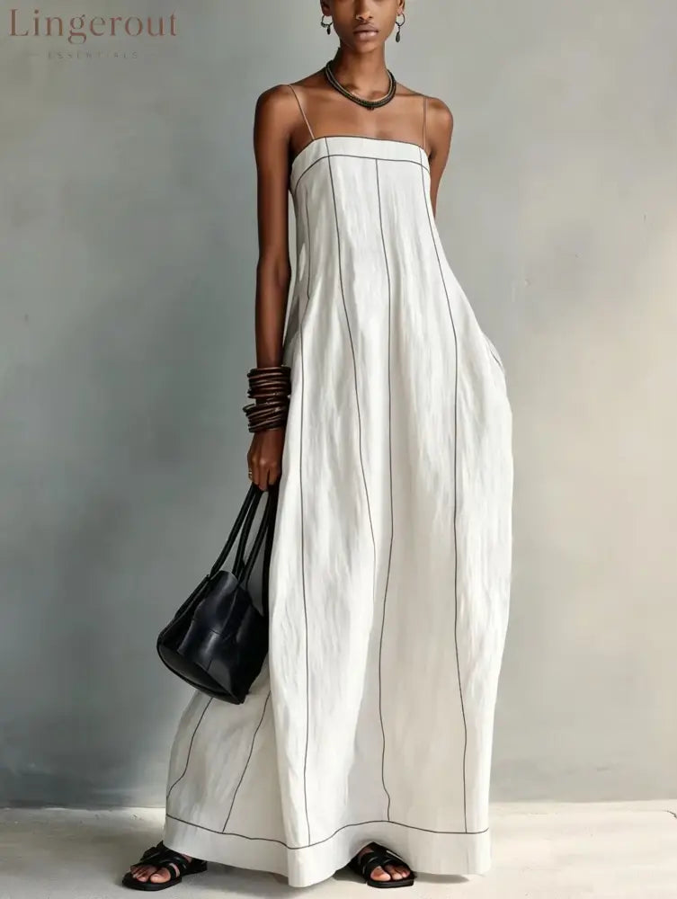 Contrast Stitch Thin Strap Straight Maxi Slip Dress - White / S