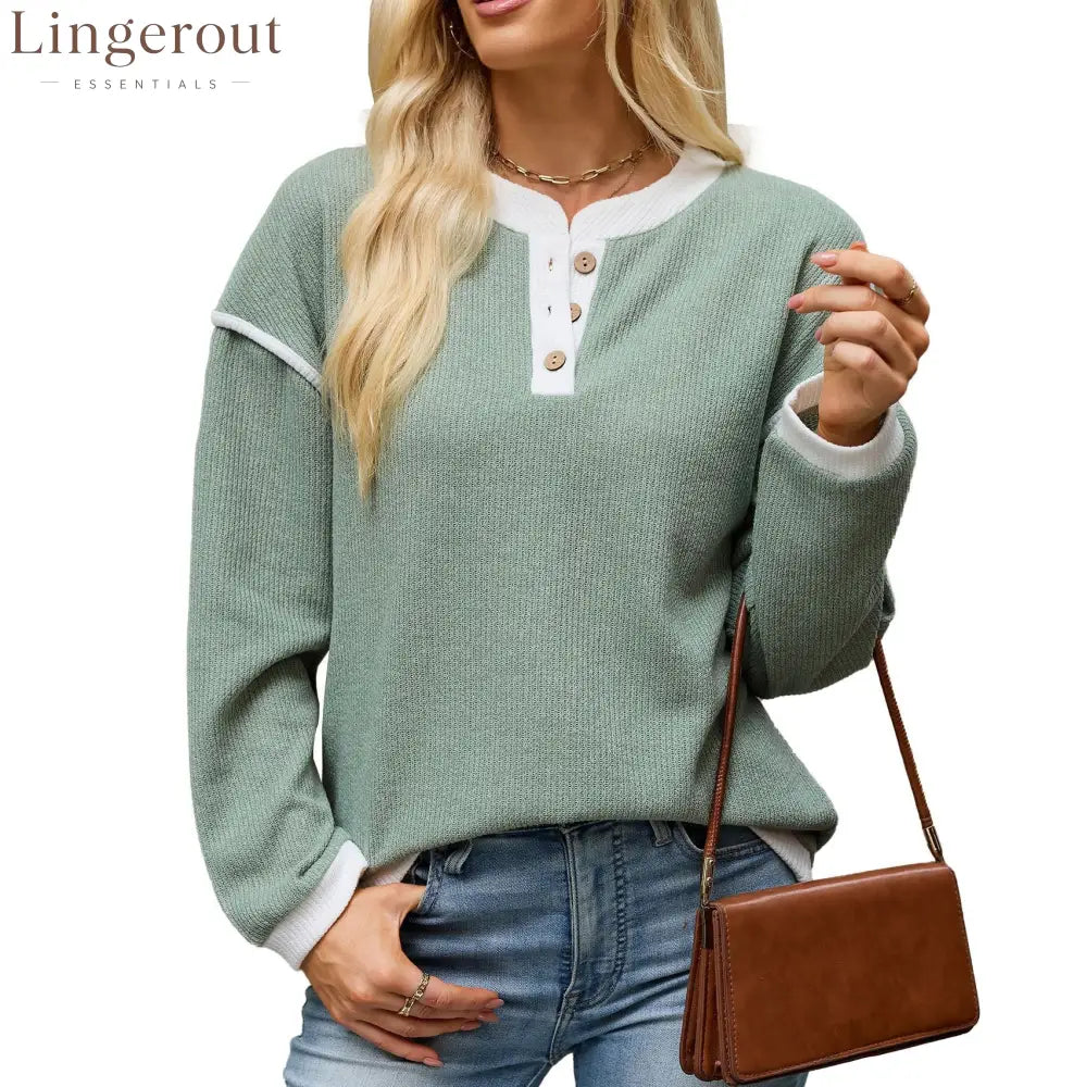 Contrast Trim Henley Knit Long Sleeve Top