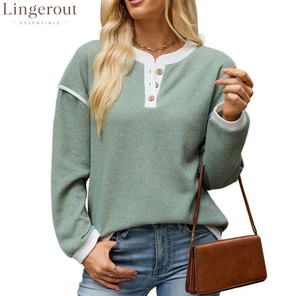 Contrast Trim Henley Knit Long Sleeve Top