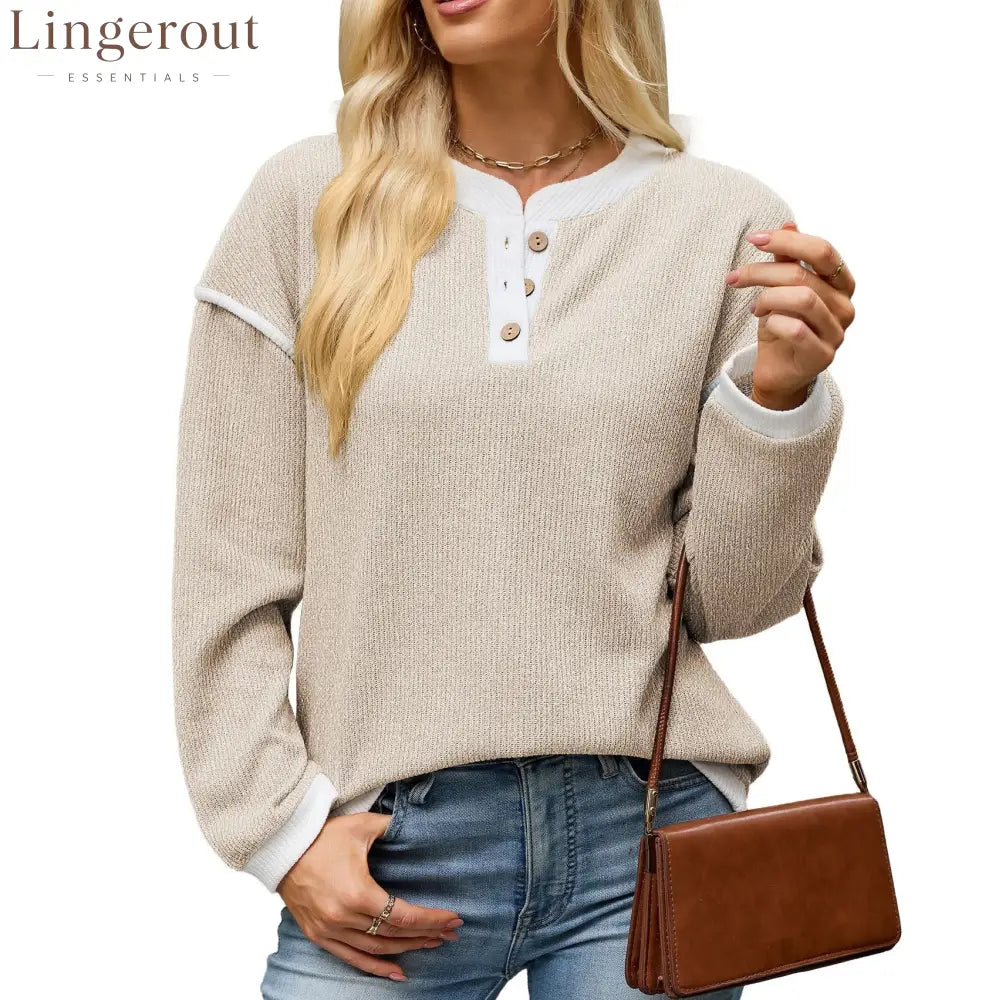 Contrast Trim Henley Knit Long Sleeve Top - Apricot / S