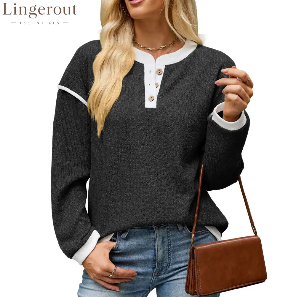 Contrast Trim Henley Knit Long Sleeve Top - Black / S