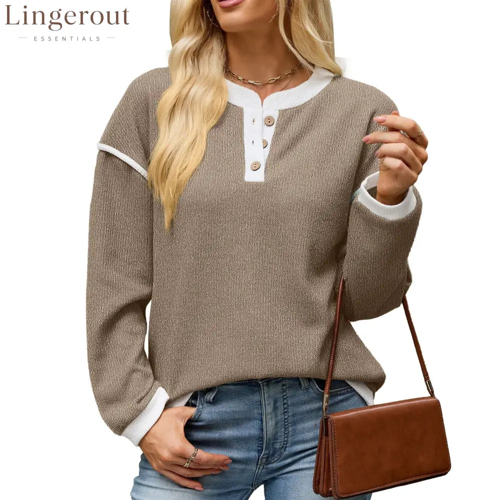 Contrast Trim Henley Knit Long Sleeve Top - Brown / S