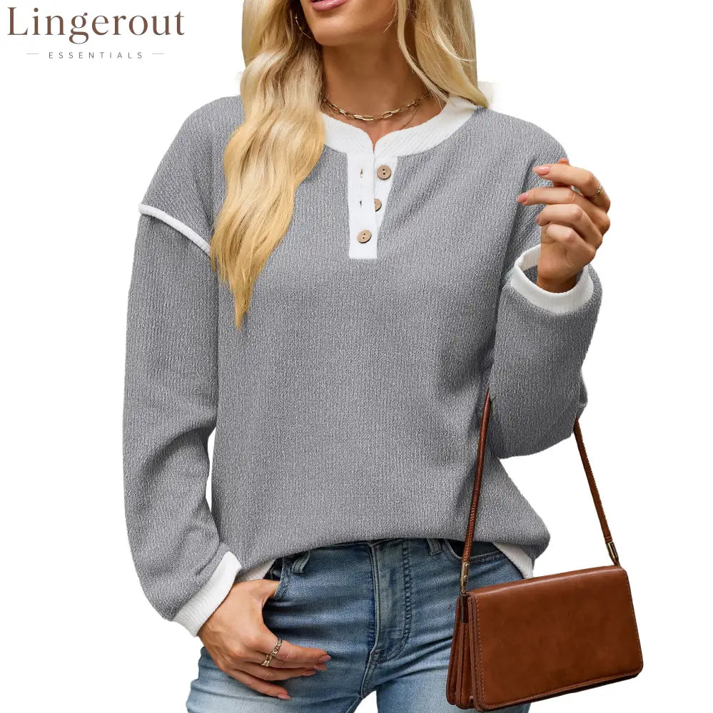 Contrast Trim Henley Knit Long Sleeve Top - Grey / S