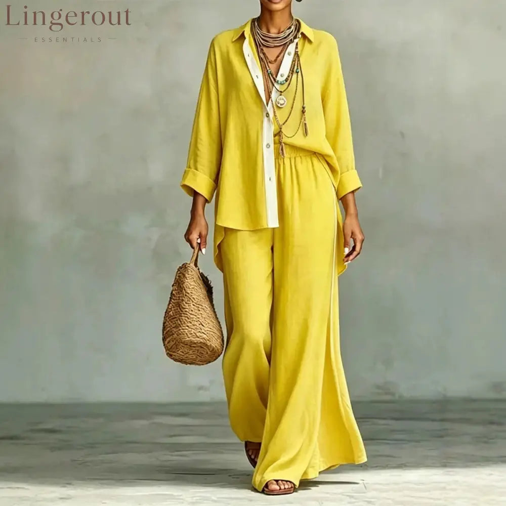 Contrast Trim Linen Shirt Wide Leg Pants 2 Piece Set