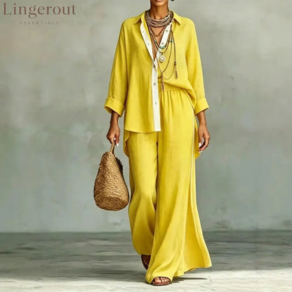 Contrast Trim Linen Shirt Wide Leg Pants 2 Piece Set